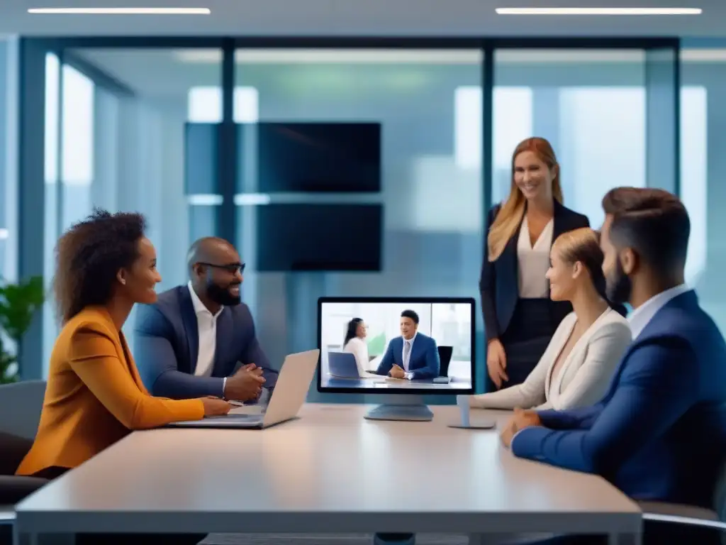 Reunión virtual de profesionales: colaboración eficaz Profesionales en videoconferencia, colaboración productiva en ambiente moderno