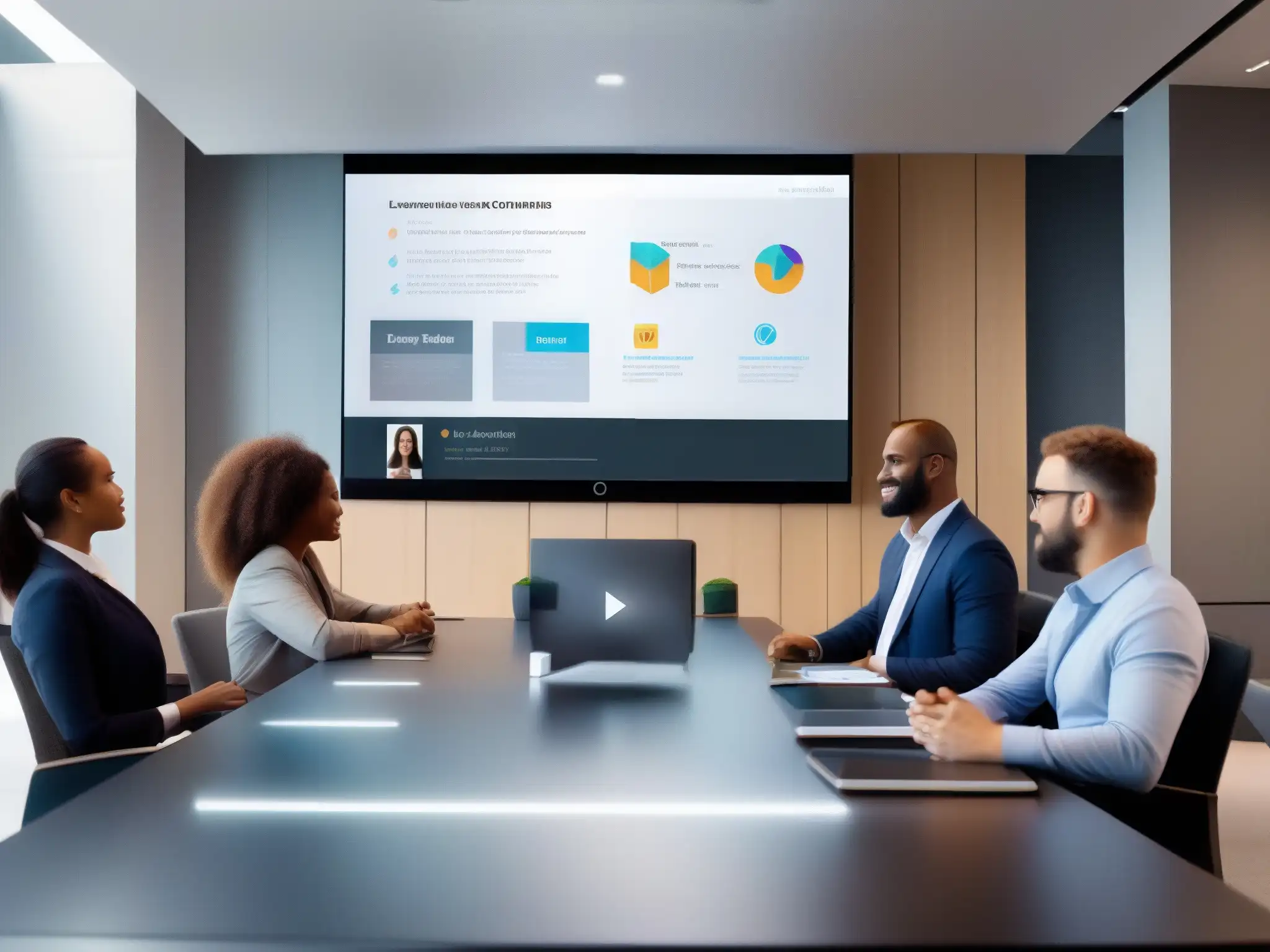 Reunión productiva con tecnología AI en sala moderna Profesionales tienen una videoconferencia productiva con IA en un entorno moderno y dinámico