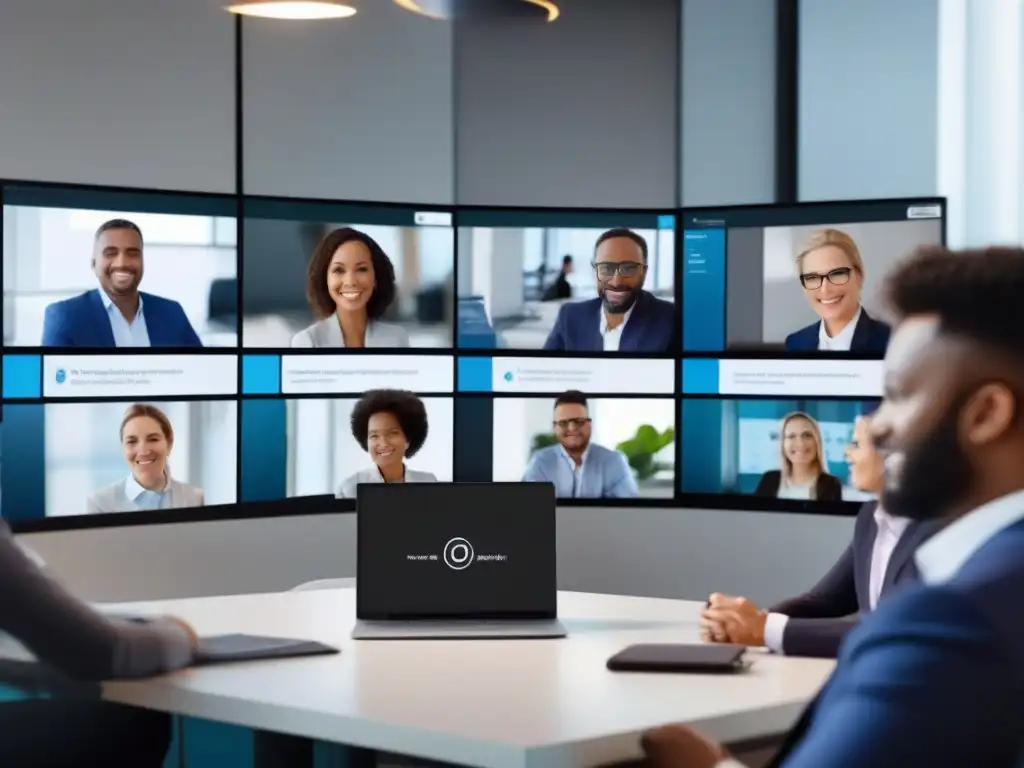 Profesionales diversificados colaboran con IA en videoconferencia Profesionales en videoconferencia productiva con IA en moderna sala de reuniones