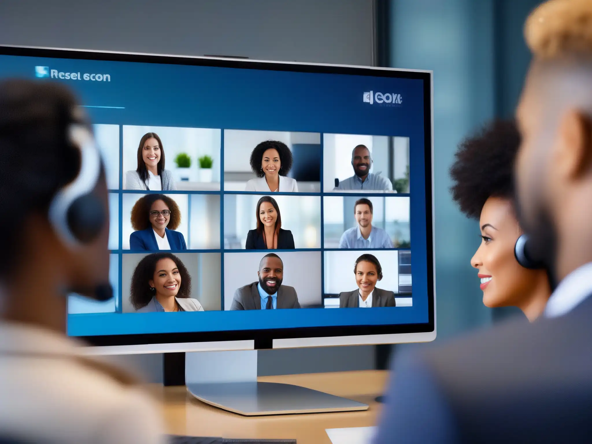 Reunión virtual de profesionales: colaboración y productividad Profesionales participando en una videoconferencia productiva, con moderna tecnología