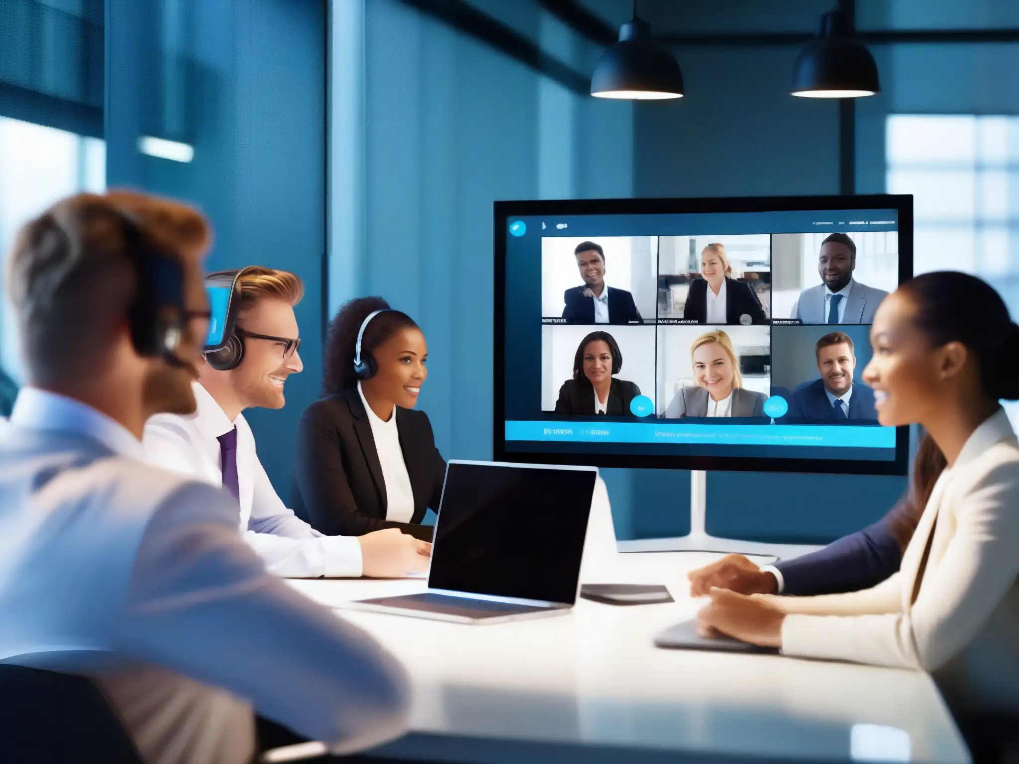 Videoconferencia profesional en Skype for Business Profesionales en videoconferencia productiva con Skype para Negocios en una oficina moderna