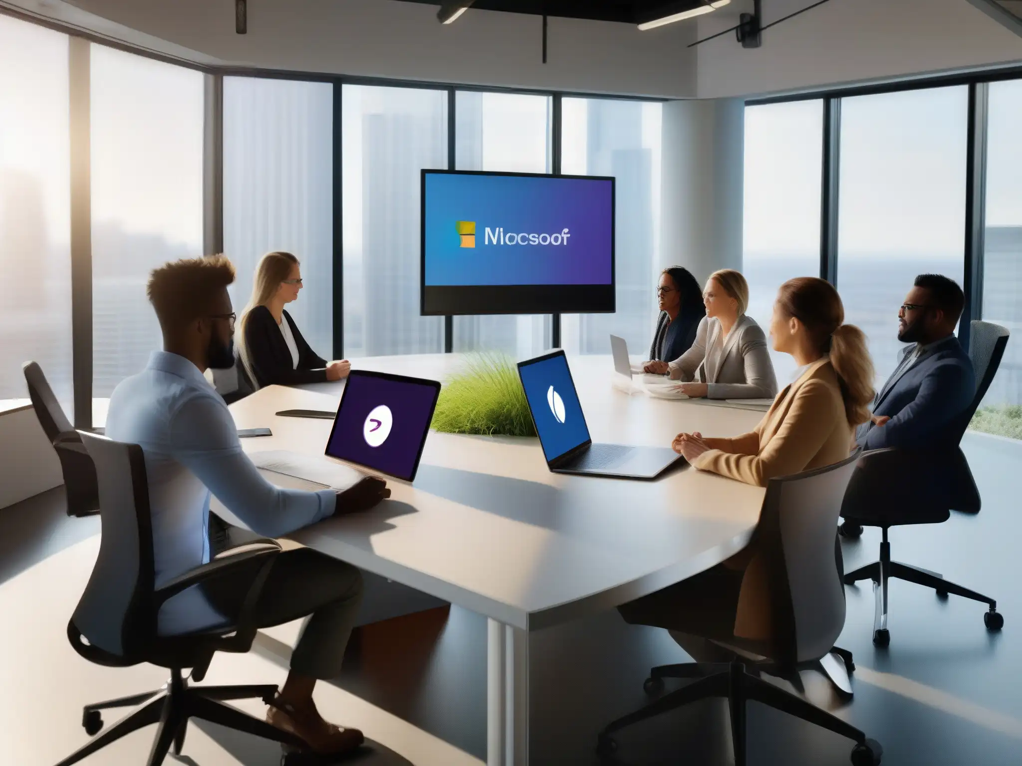 Reunión virtual en oficina moderna con Microsoft Teams Profesionales colaborando en una videoconferencia productiva con Microsoft Teams en una oficina moderna
