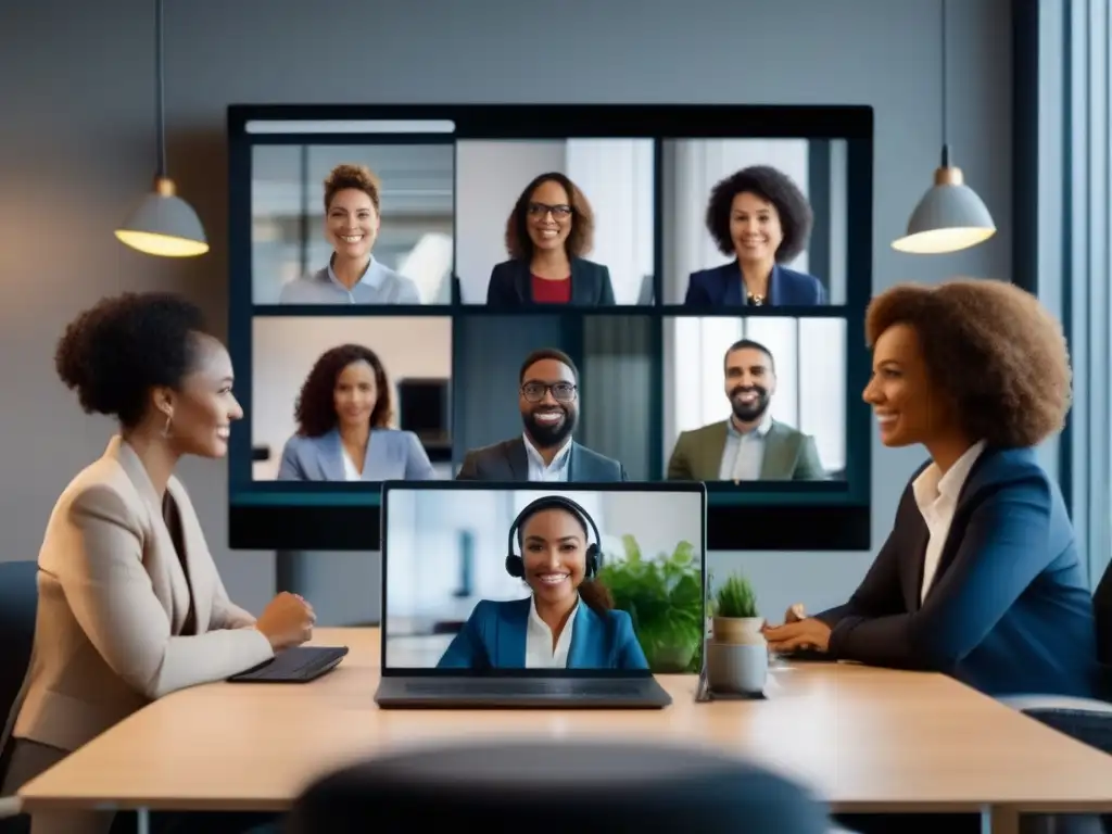 Videoconferencia dinámica: profesionales diversos en acción Profesionales diversos participan en una videoconferencia productiva