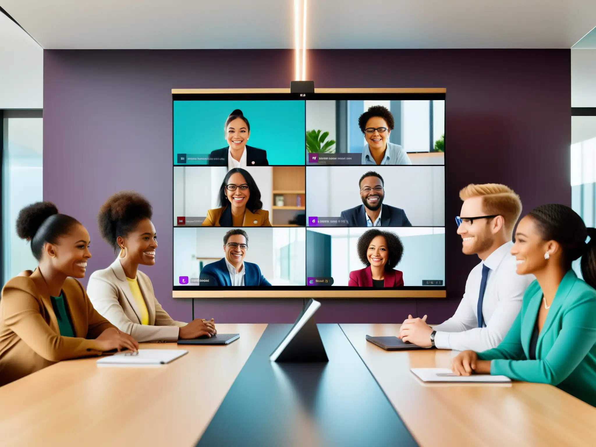 Reunión virtual de profesionales en Slack: colaboración eficiente Profesionales colaborando en una videoconferencia en Slack, transmitiendo productividad y eficiencia en un entorno de oficina moderno