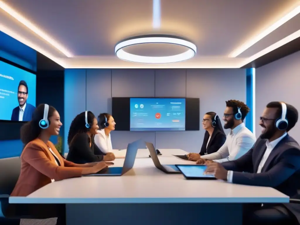 Reunión virtual gamificada: interacción inmersiva Profesionales participando en una videoconferencia con gamificación para aumentar la productividad del equipo