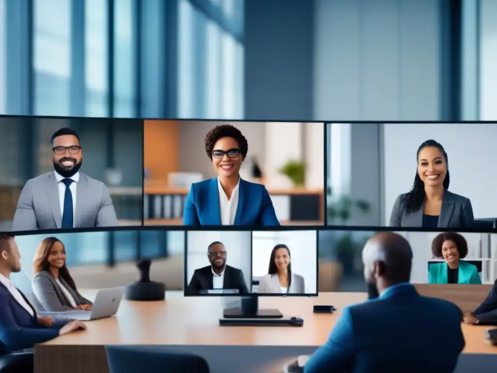Profesionales en videoconferencia segura: colaboración y tecnología Profesionales participando en videoconferencia con protocolos seguridad, alta tecnología y colaboración efectiva