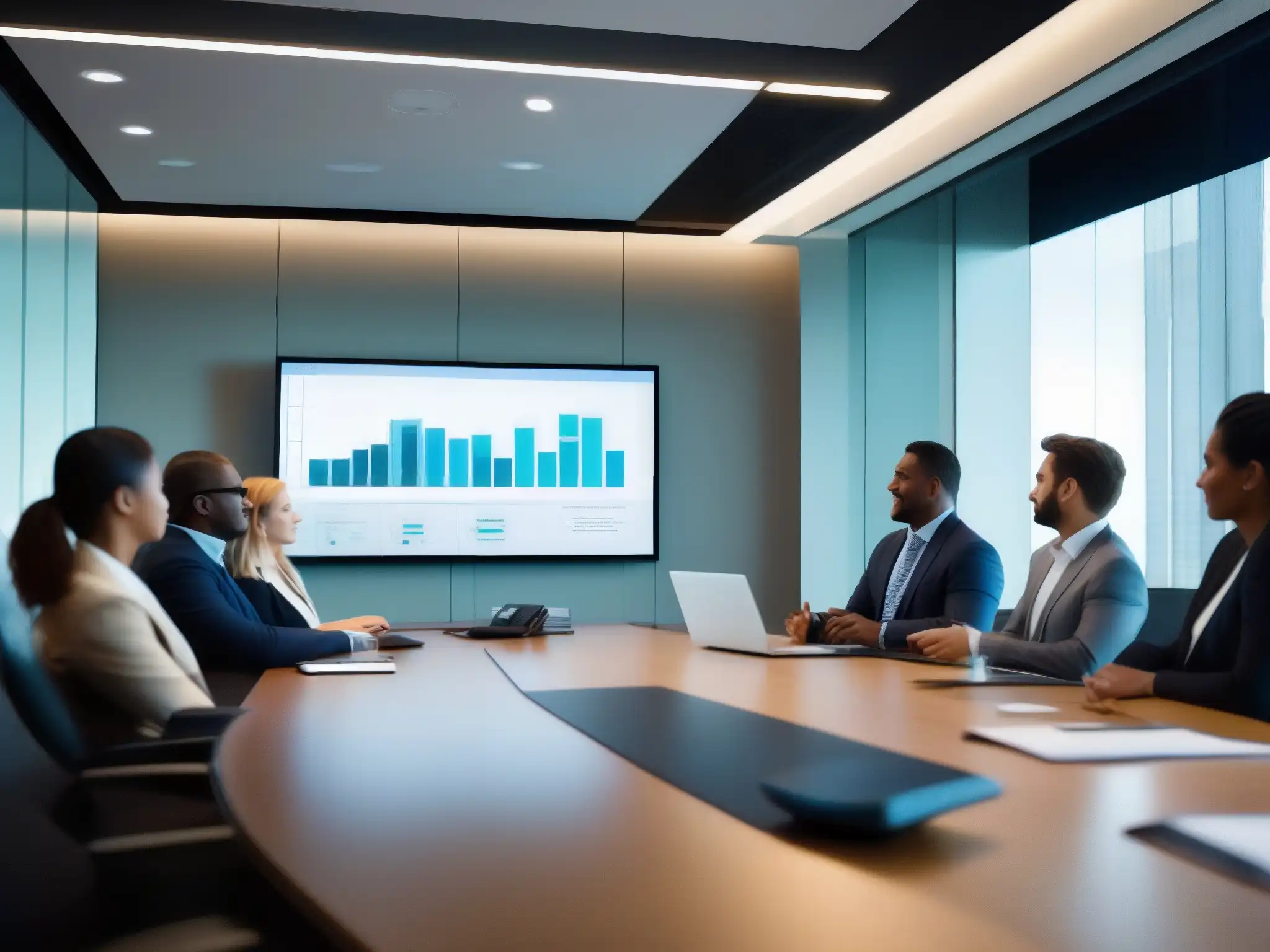 Reunión de negocios con tecnología de vanguardia Profesionales en videoconferencia discutiendo proyectos, con gráficos y datos en pantallas de alta definición