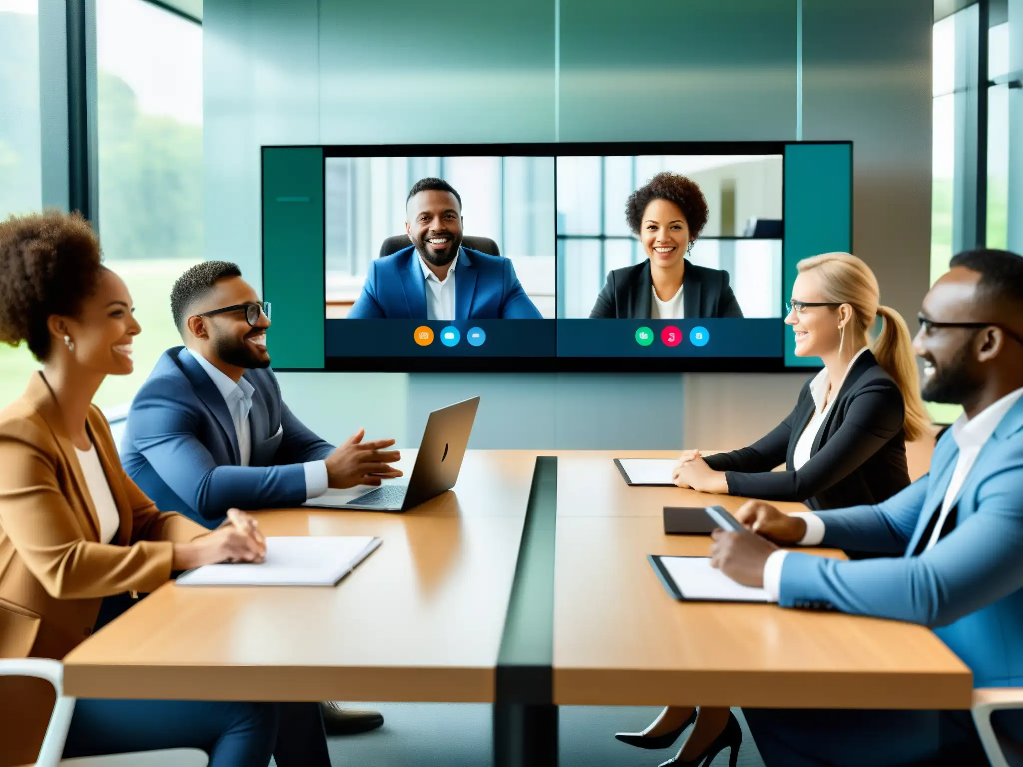 Reunión virtual de profesionales, gestión eficiente Profesionales en videoconferencia, gestionando proyectos con herramientas modernas