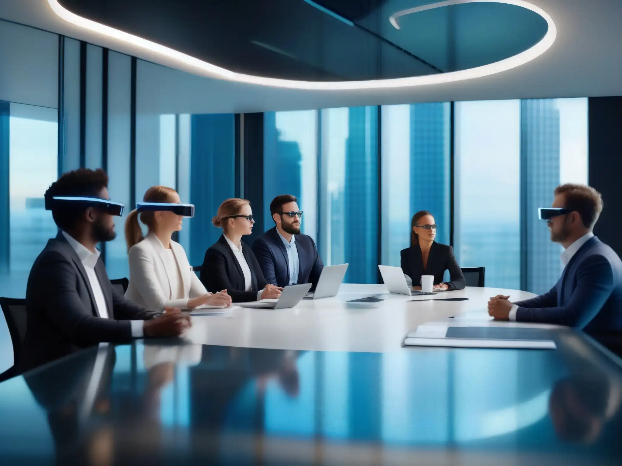 Profesionales de negocios colaborando con AR en oficina moderna Profesionales en videoconferencia con realidad aumentada en oficina moderna, colaboración e innovación
