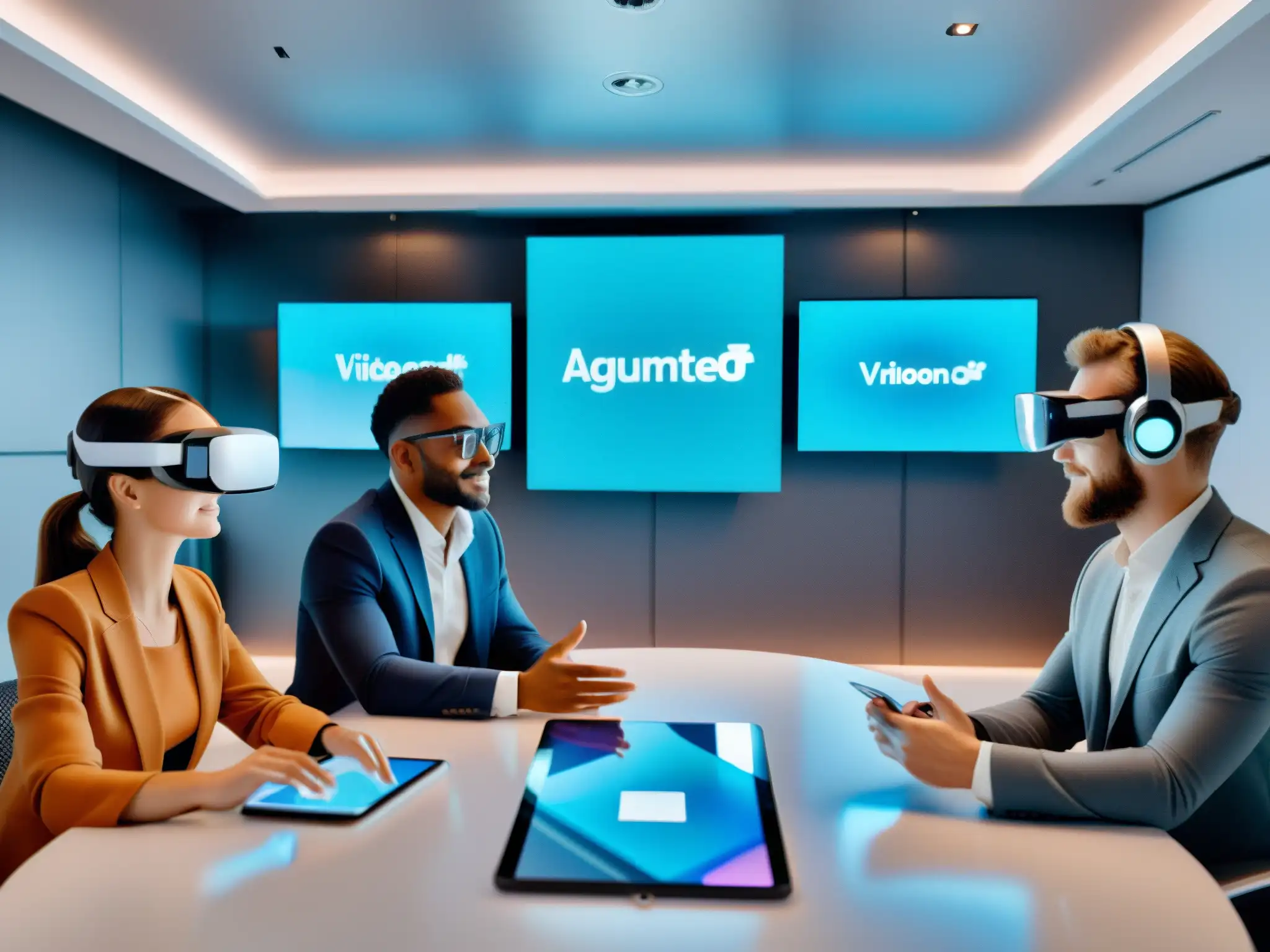 Conferencia virtual con realidad aumentada: Colaboración futurista Profesionales participan en videoconferencia con realidad aumentada, interactuando con hologramas y modelos 3D