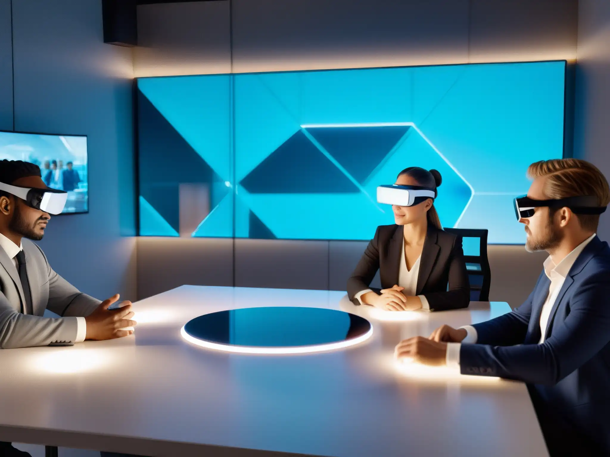 Conferencia de Realidad Aumentada en Oficina Futurista Profesionales en videoconferencia con realidad aumentada en una oficina futurista