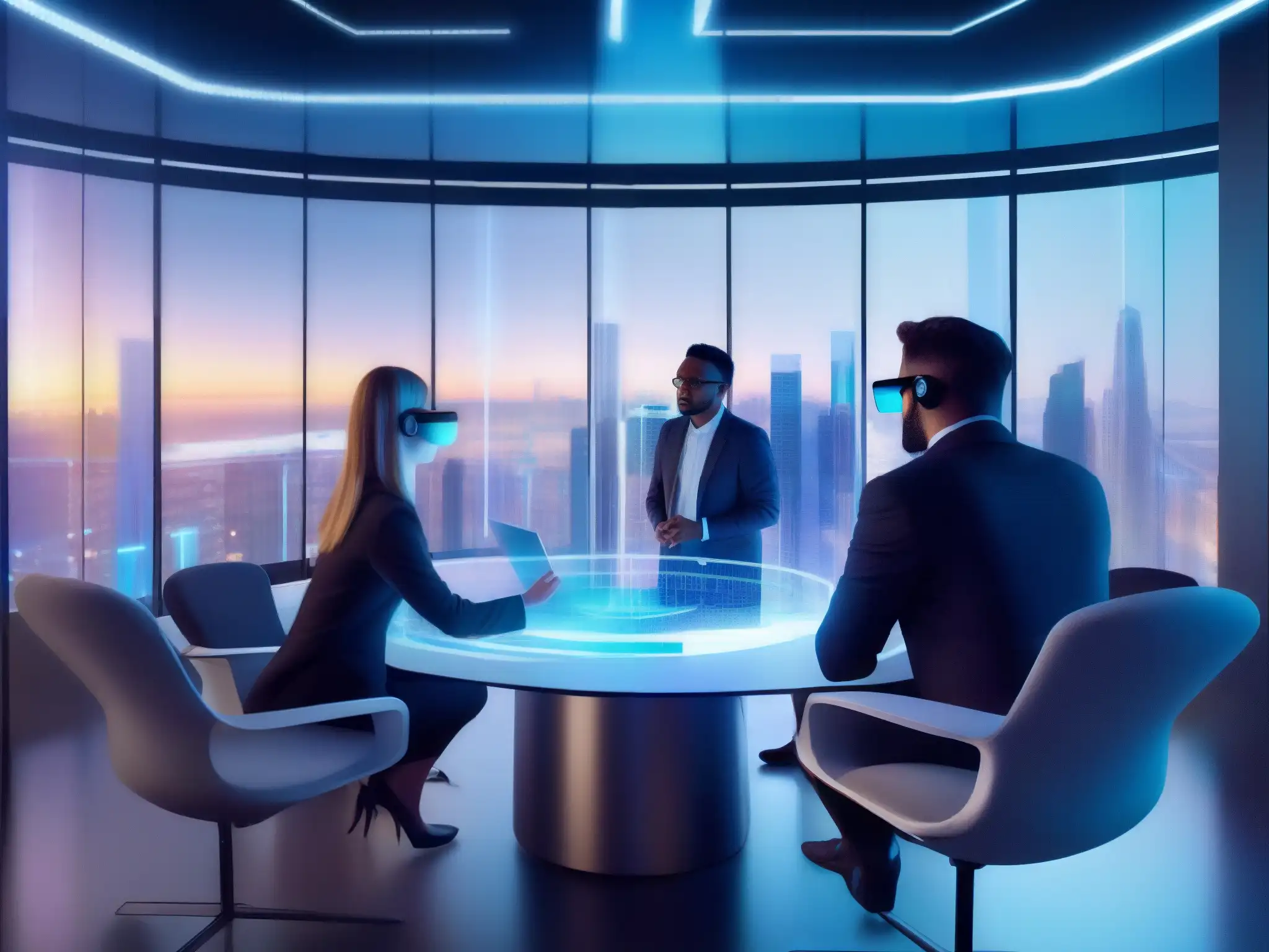 Reunión virtual futurista con realidad aumentada Profesionales en videoconferencia con realidad aumentada, colaborando con hologramas en una sala futurista