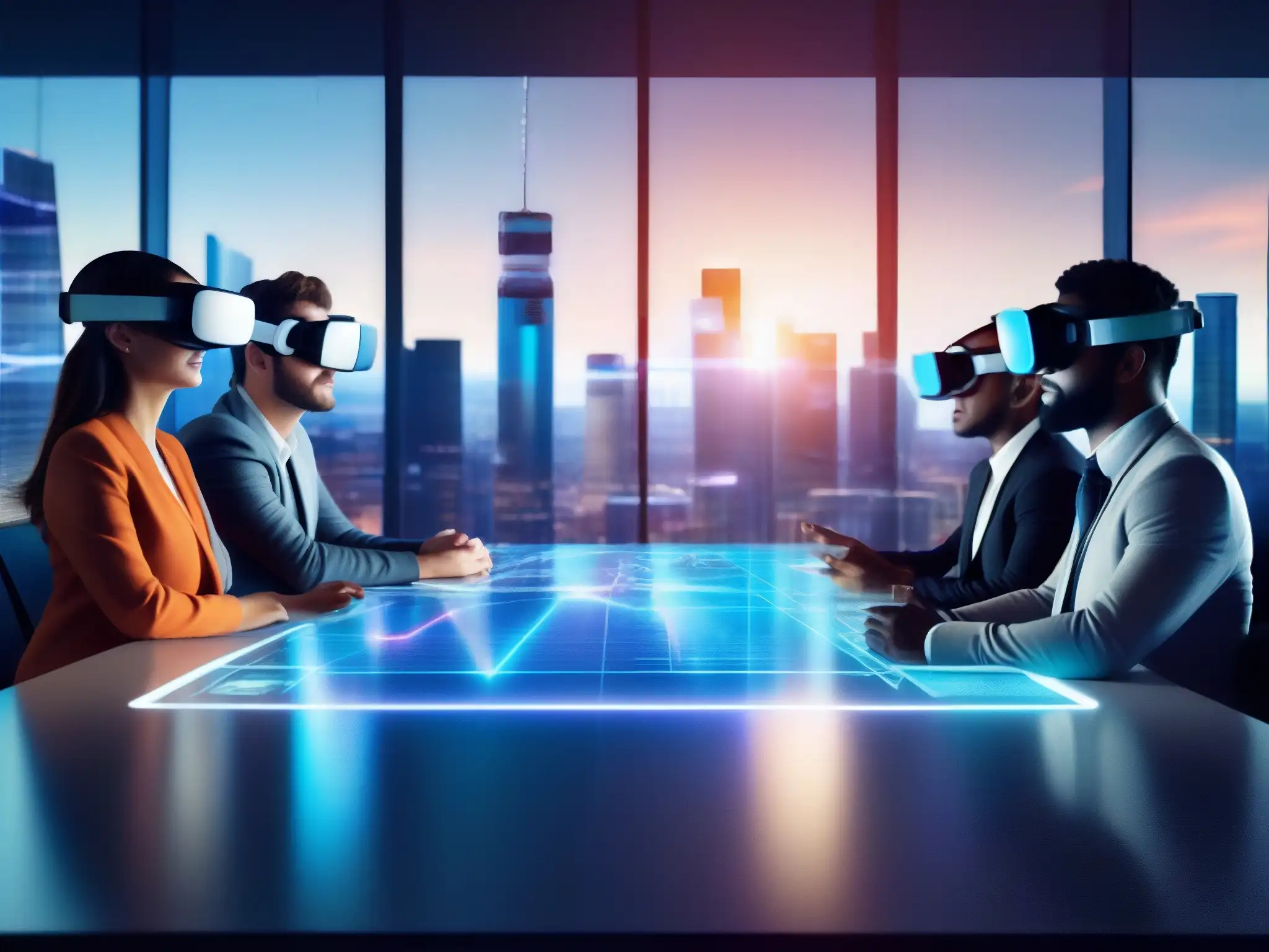 Profesionales colaborando con realidad aumentada en sala moderna Profesionales en videoconferencia con realidad aumentada, colaborando en entorno virtual con gráficos holográficos
