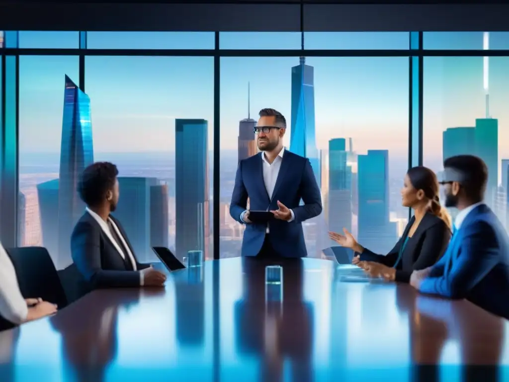 Salón de reuniones futurista con realidad aumentada Profesionales en videoconferencia con realidad aumentada en moderna sala de juntas corporativa y vista panorámica de la ciudad