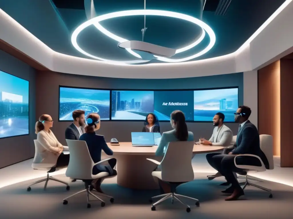 Reunión de profesionales con AR en sala de conferencias futurista Profesionales en videoconferencia con realidad aumentada, integrando modelos 3D