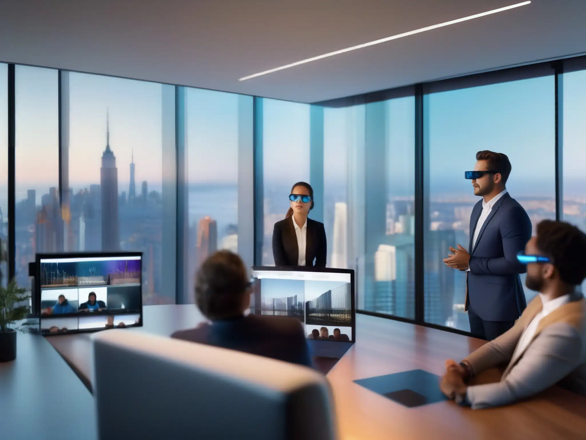 Conferencia virtual con realidad aumentada Profesionales en videoconferencia con realidad aumentada, colaborando en un entorno moderno con vista a la ciudad