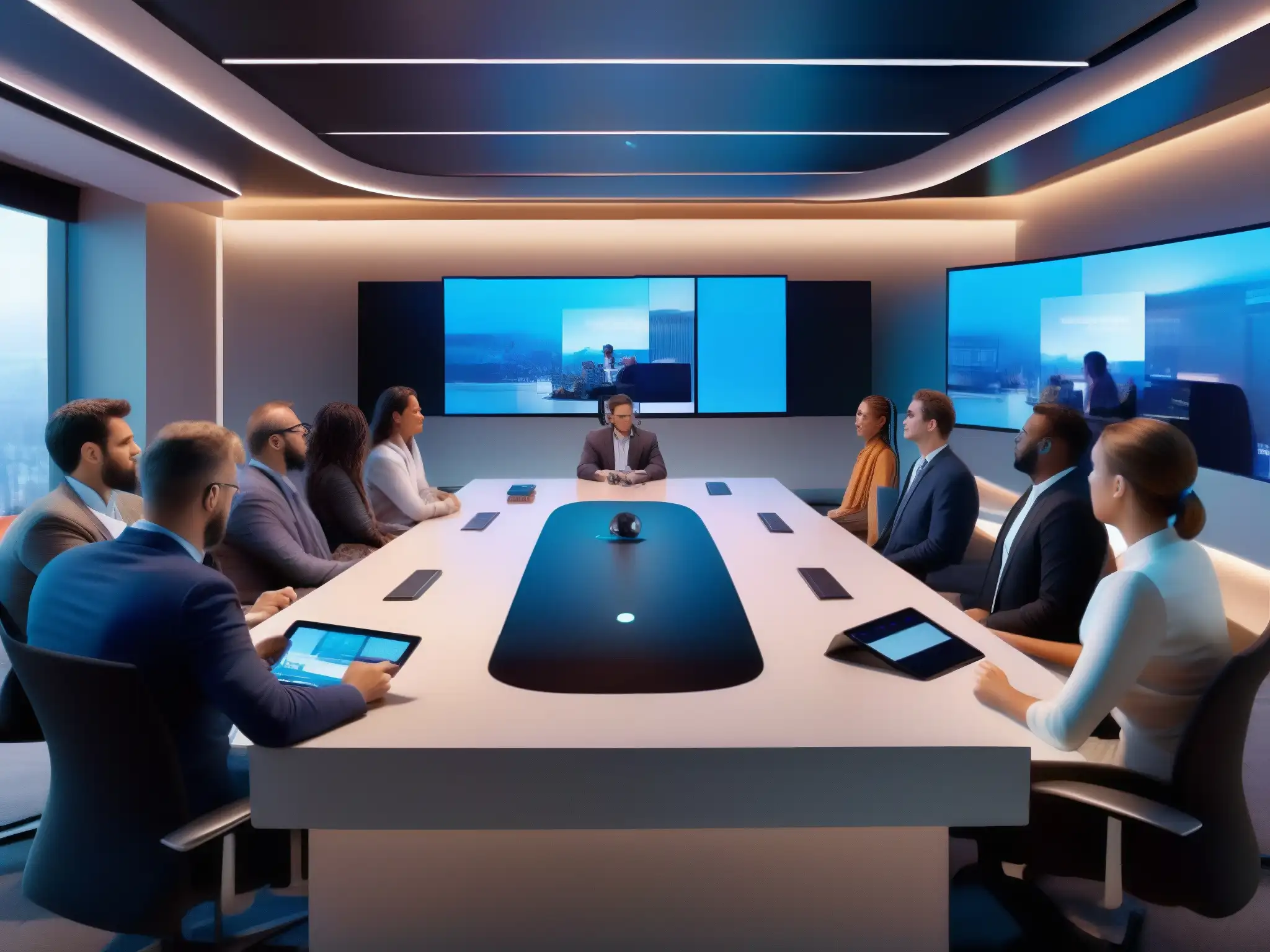 Conferencia virtual 8K con realidad aumentada Profesionales en una videoconferencia con realidad aumentada en una sala moderna y colaborativa con pantallas AR de alta tecnología