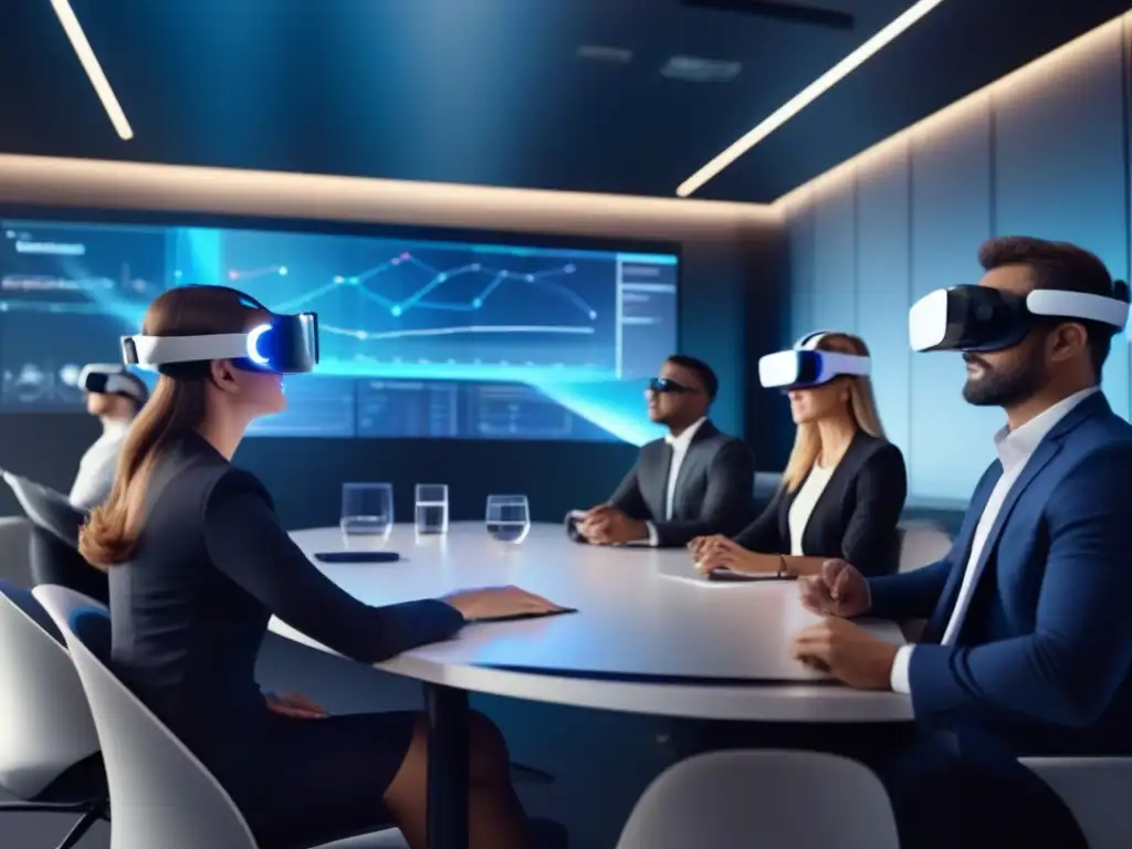 Conferencia virtual con tecnología VR y hologramas futuristas Profesionales en videoconferencia de realidad virtual en sala de juntas futurista con tecnología avanzada y gráficos holográficos