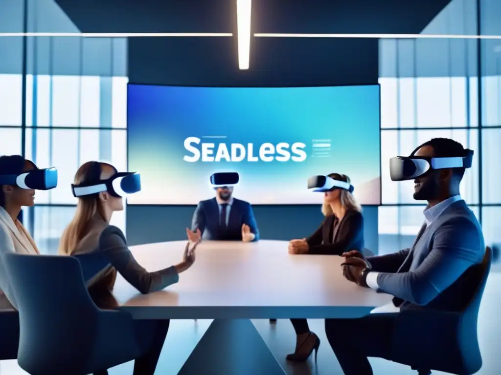 Reunión profesional en realidad virtual: colaboración futurista Profesionales usando VR en videoconferencia, integrando realidad virtual en un entorno colaborativo y diverso