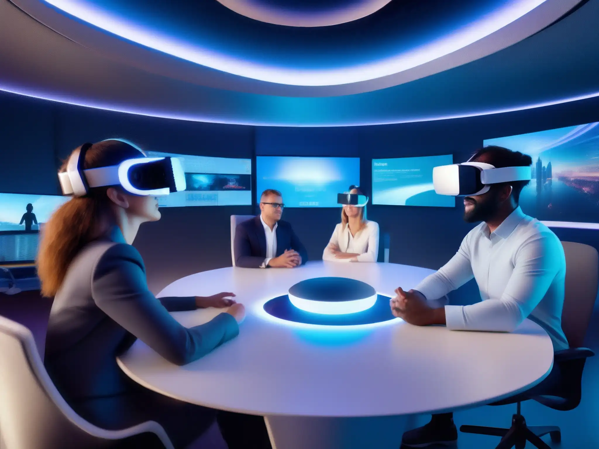 Conferencia virtual 5G: Profesionales en VR Profesionales en videoconferencia de realidad virtual, con tecnología 5G de alta gama en un entorno futurista