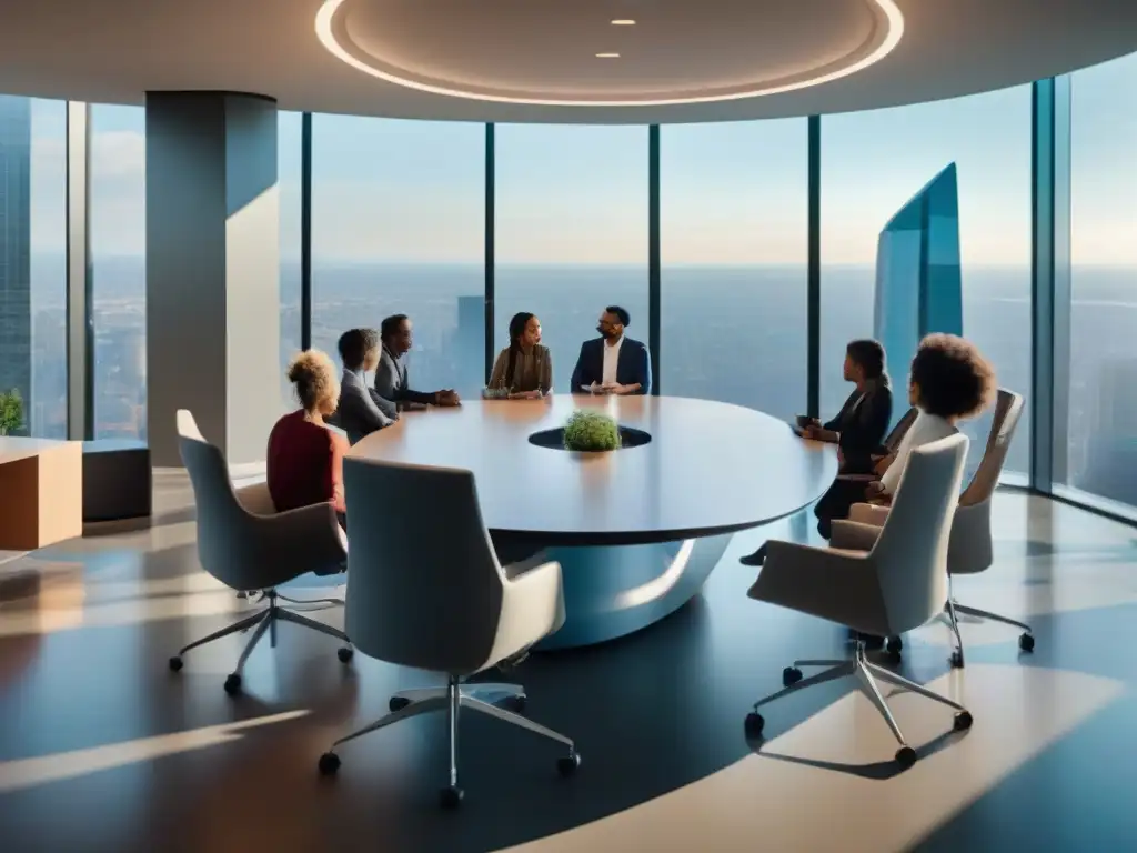 Reunión de profesionales en mesa futurista: colaboración global e inclusiva Profesionales en videoconferencia remota, con diversidad e innovación en estrategias efectivas para videoconferencias remotas
