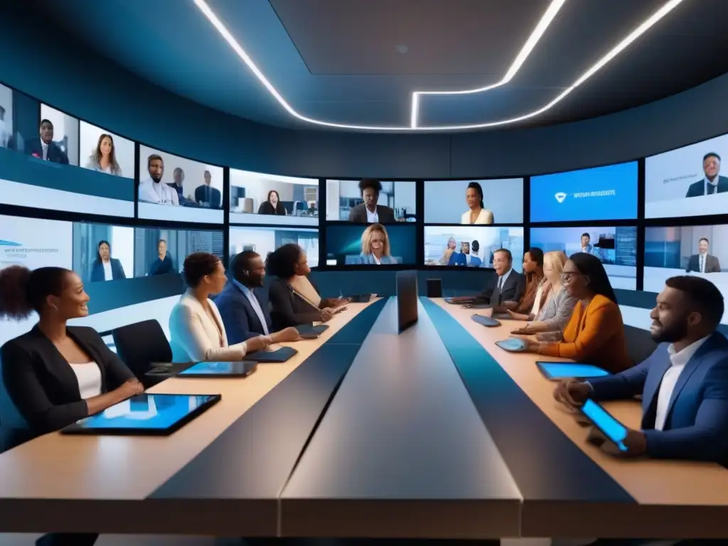Equipo diverso en videoconferencia 8k Profesionales colaborando en videoconferencia remota, gestión eficaz en equipo
