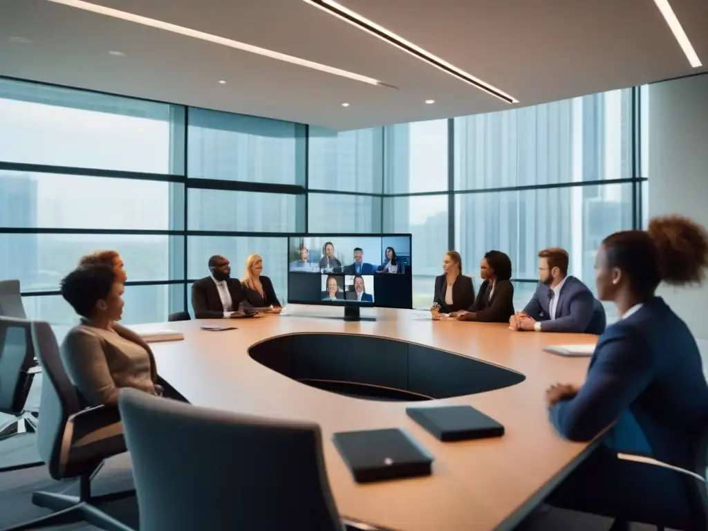 Reunión virtual de profesionales en oficina moderna Profesionales en videoconferencia remota con herramientas de videoconferencia para equipos remotos, en un ambiente moderno y productivo