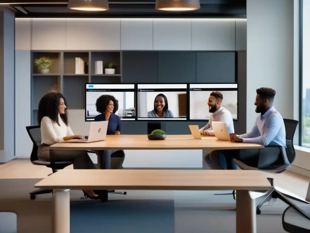 Profesionales colaborando en videoconferencia con Microsoft Teams Profesionales colaboran eficazmente en videoconferencia remota usando Microsoft Teams, en una oficina moderna