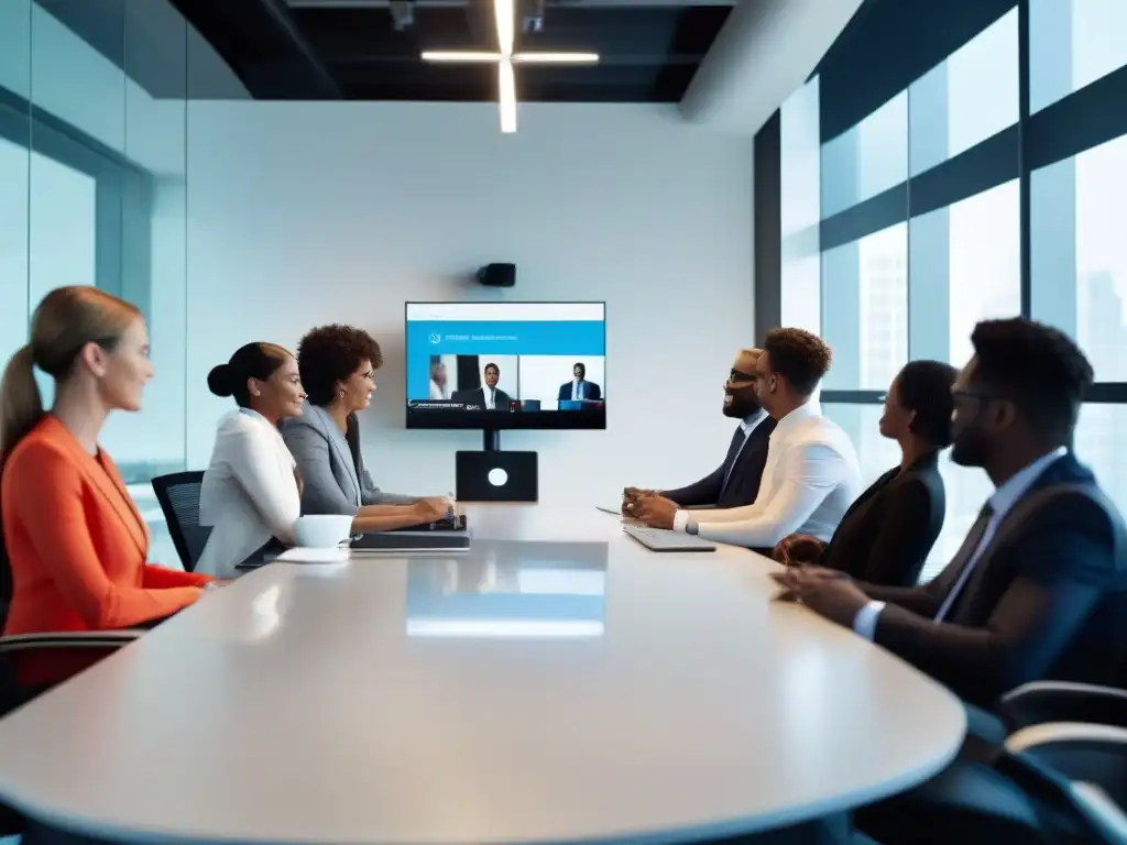 Reunión virtual de profesionales en oficina moderna Profesionales en videoconferencia, mostrando rendimiento de Skype para Negocios en PyMEs en un ambiente profesional y eficiente