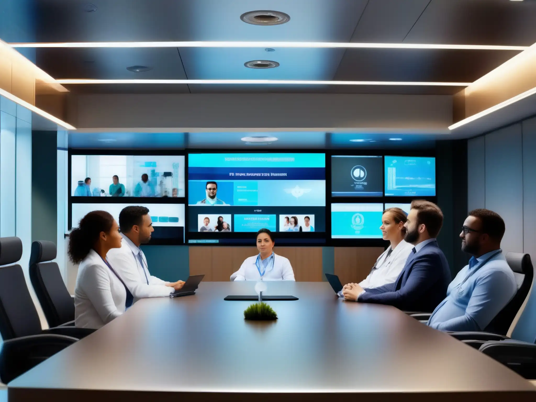 Sala de conferencias médicas moderna con tecnología de vanguardia Profesionales en videoconferencia cumpliendo requisitos normativos en moderna sala de junta hospitalaria