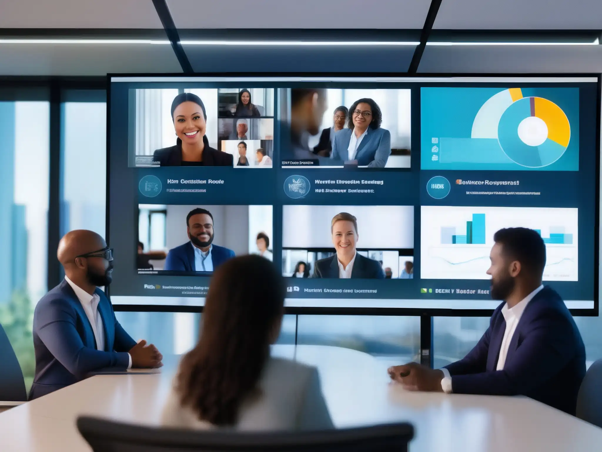 Profesionales colaborando con analíticas en videoconferencia Profesionales colaborando en videoconferencia con analytics para mejorar reuniones virtuales