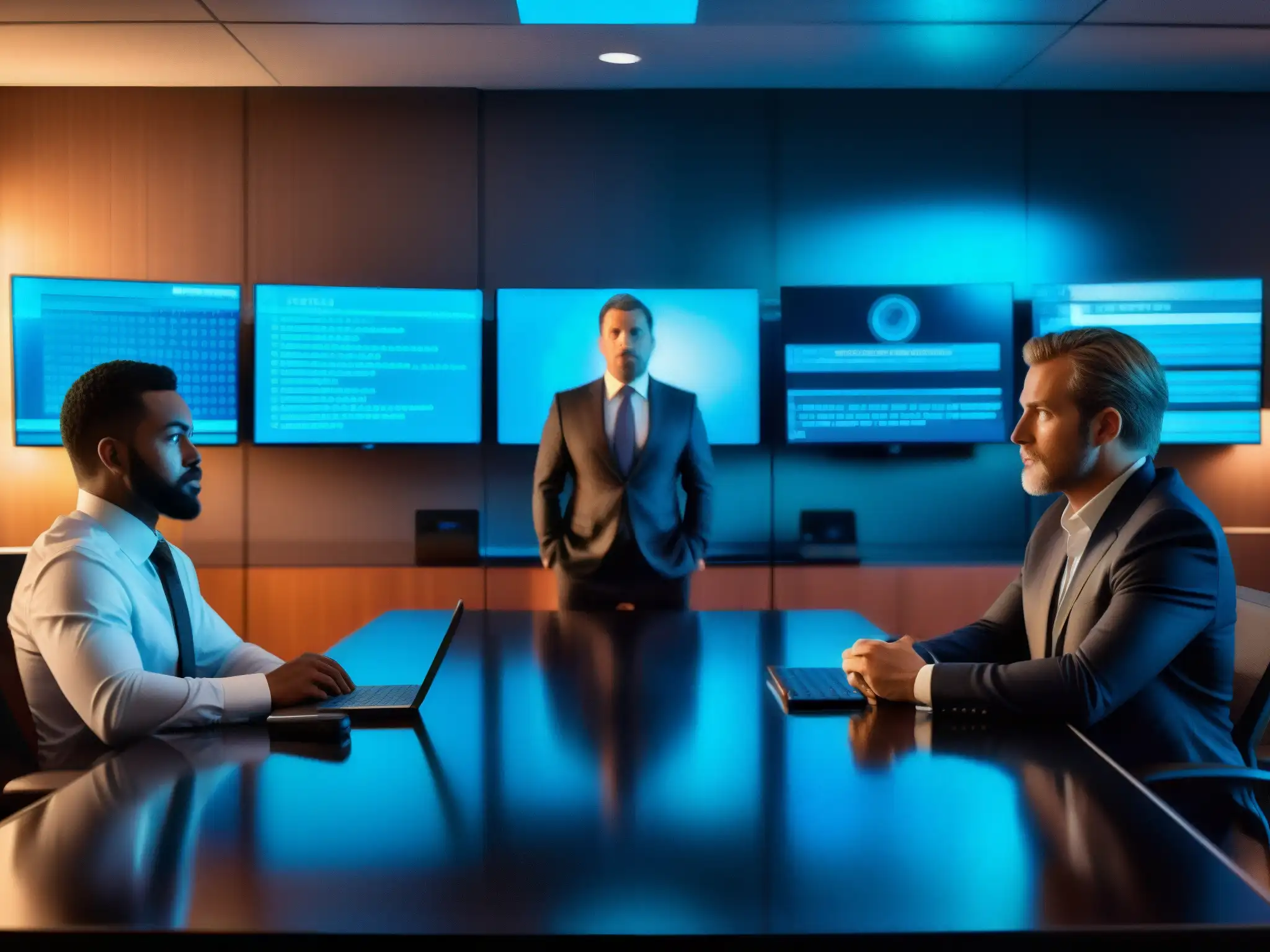 Conferencia virtual en la penumbra: riesgos de seguridad Profesionales en videoconferencia, rostros iluminados por pantallas en una sala tenue