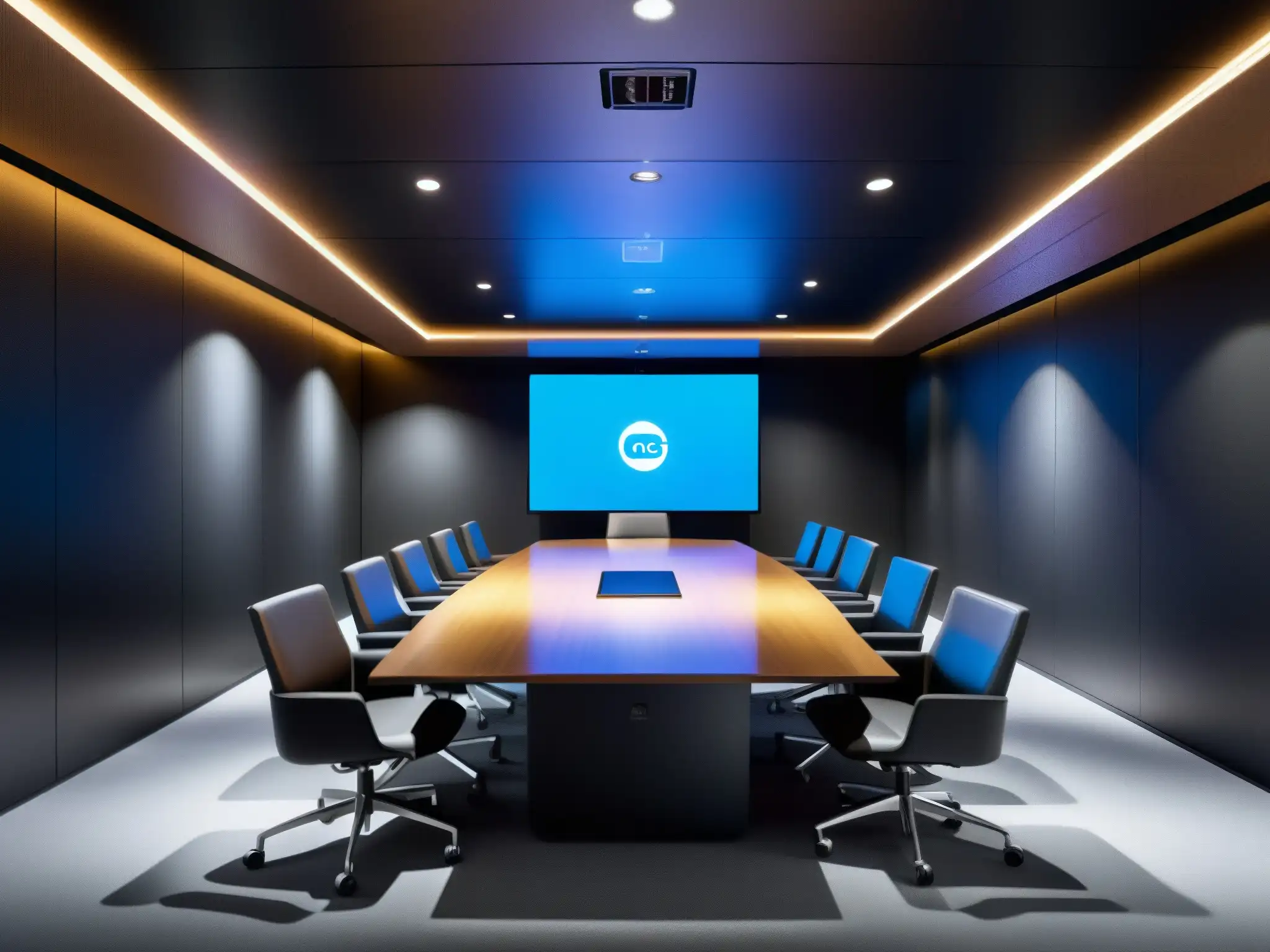 Salón de videoconferencias futurista con IA, innovación y productividad Profesionales en videoconferencia con IA, en sala futurista con tecnología de vanguardia