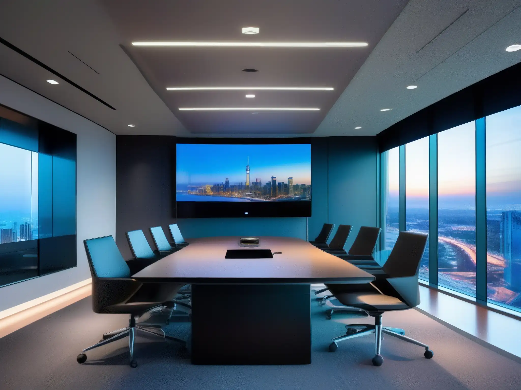 Sala de videoconferencias futurista con vista panorámica Profesionales en videoconferencia en una sala futurista con equipo de alta tecnología