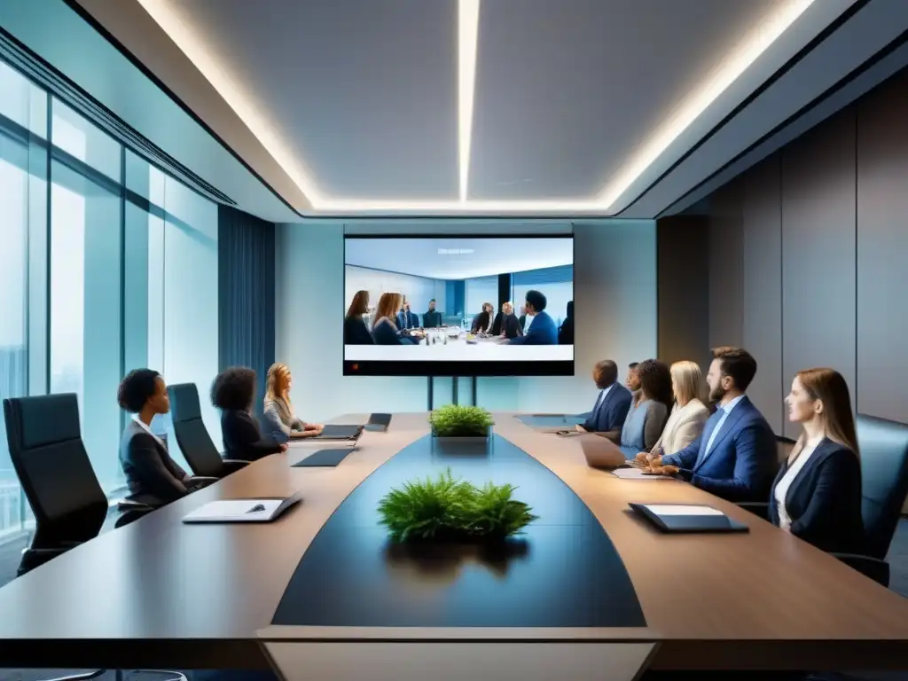 Sala de reuniones corporativas moderna con videoconferencias de Microsoft Teams Profesionales en videoconferencia con Microsoft Teams en una sala de juntas moderna