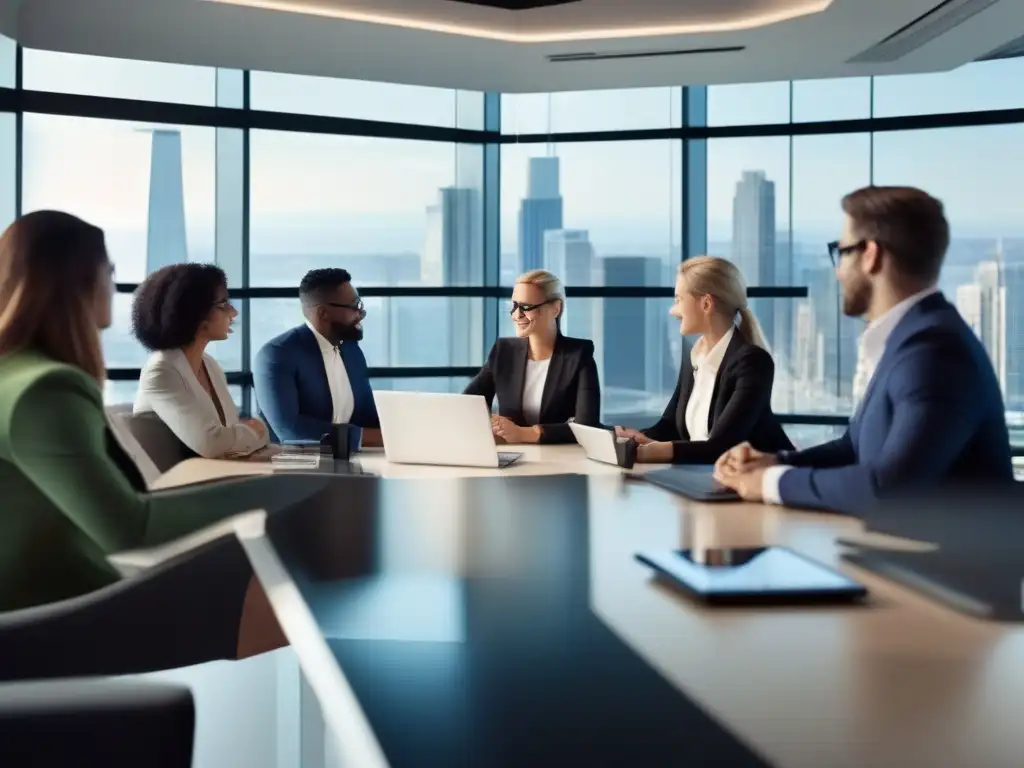 Profesionales en videoconferencia, colaborando en una sala luminosa y moderna