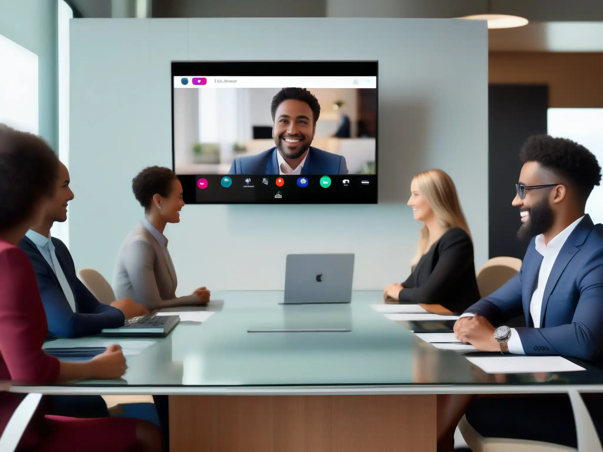 Videoconferencia profesional con Slack: detalle y eficiencia Profesionales en videoconferencia en sala minimalista