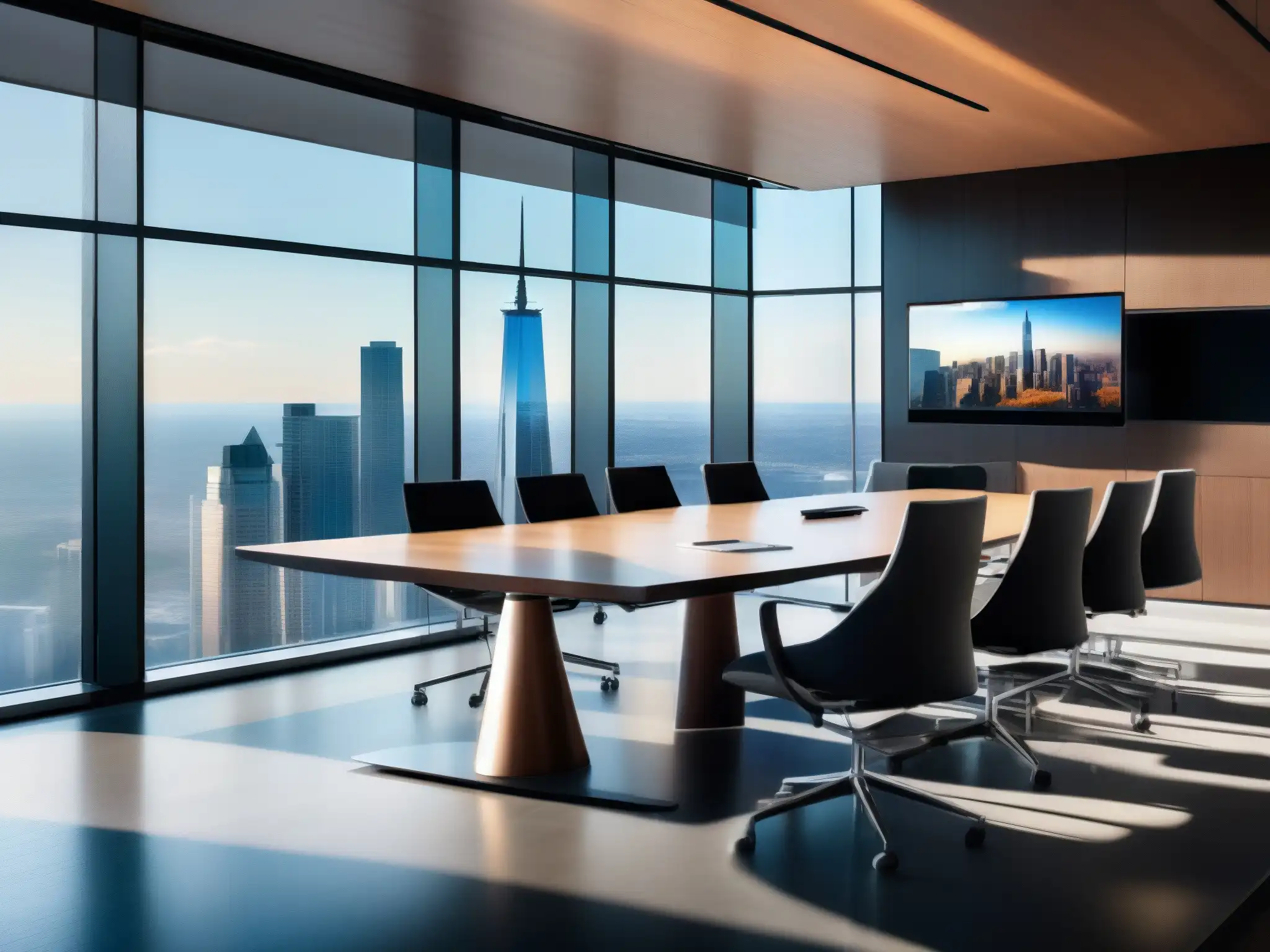 Sala de conferencias de lujo con vista a la ciudad y profesionales en videoconferencia Profesionales tienen una videoconferencia en una sala moderna con vista a la ciudad