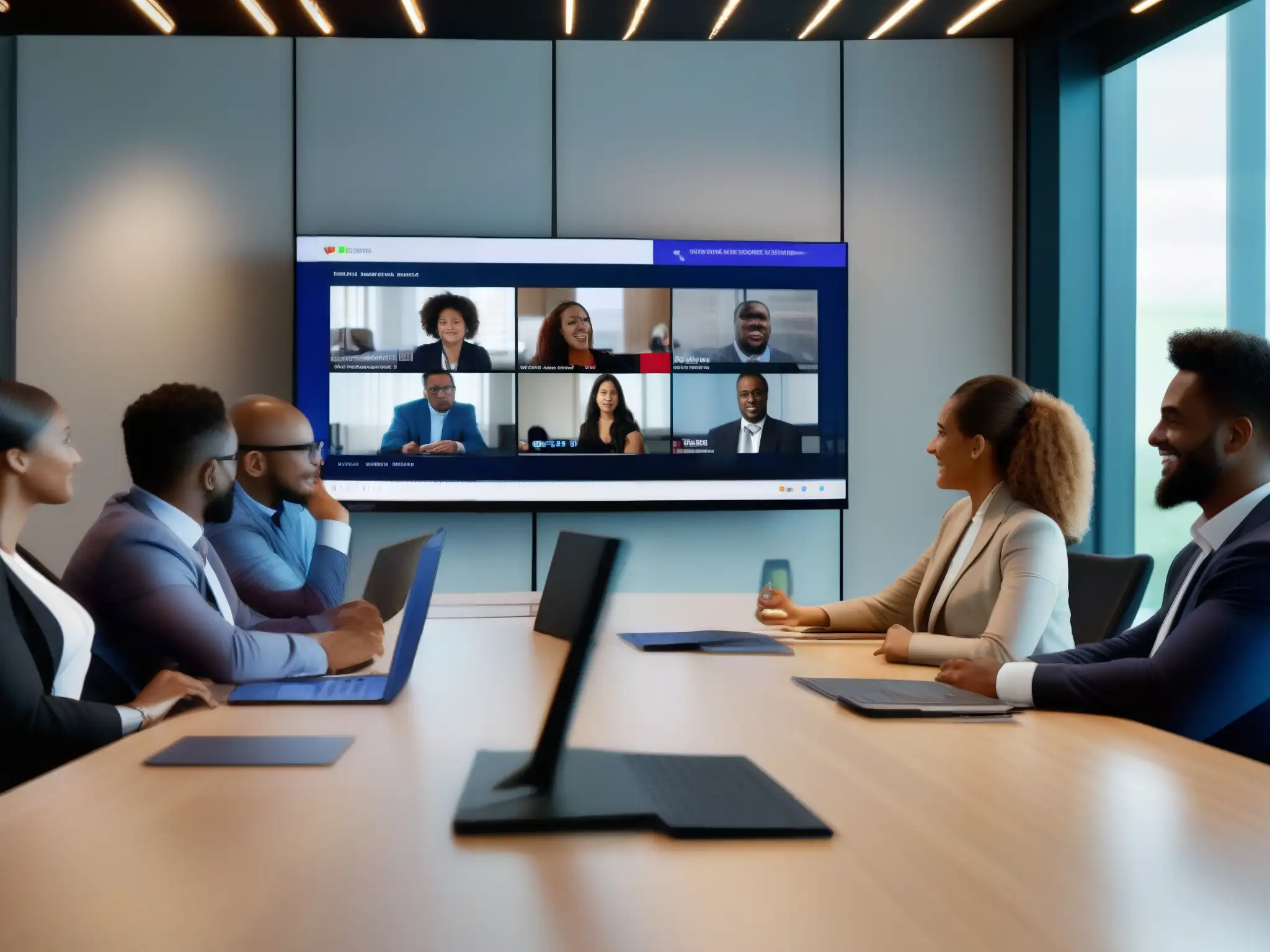 Reunión virtual de profesionales en sala moderna Profesionales colaborando en videoconferencia con Microsoft Teams en una sala moderna