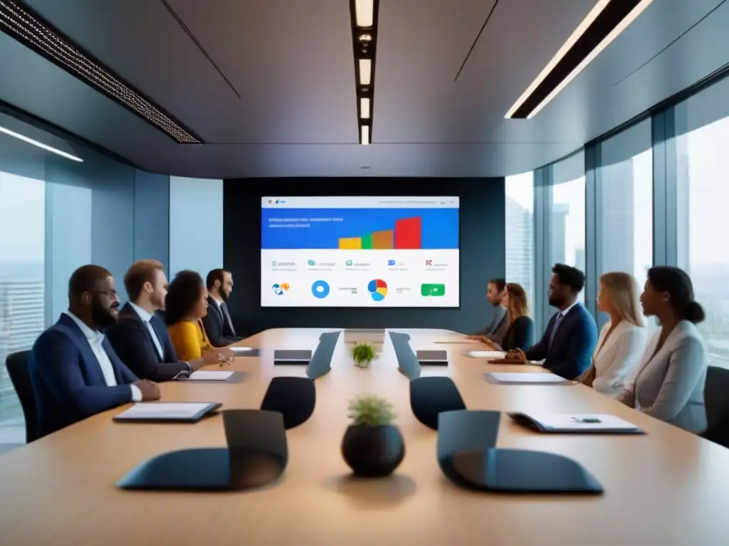 Sala de reuniones Google Meet: eficiencia y profesionalismo 'Profesionales en videoconferencia de Google Meet en sala moderna y luminosa, perfecta para la gestión de videoconferencias en empresas'