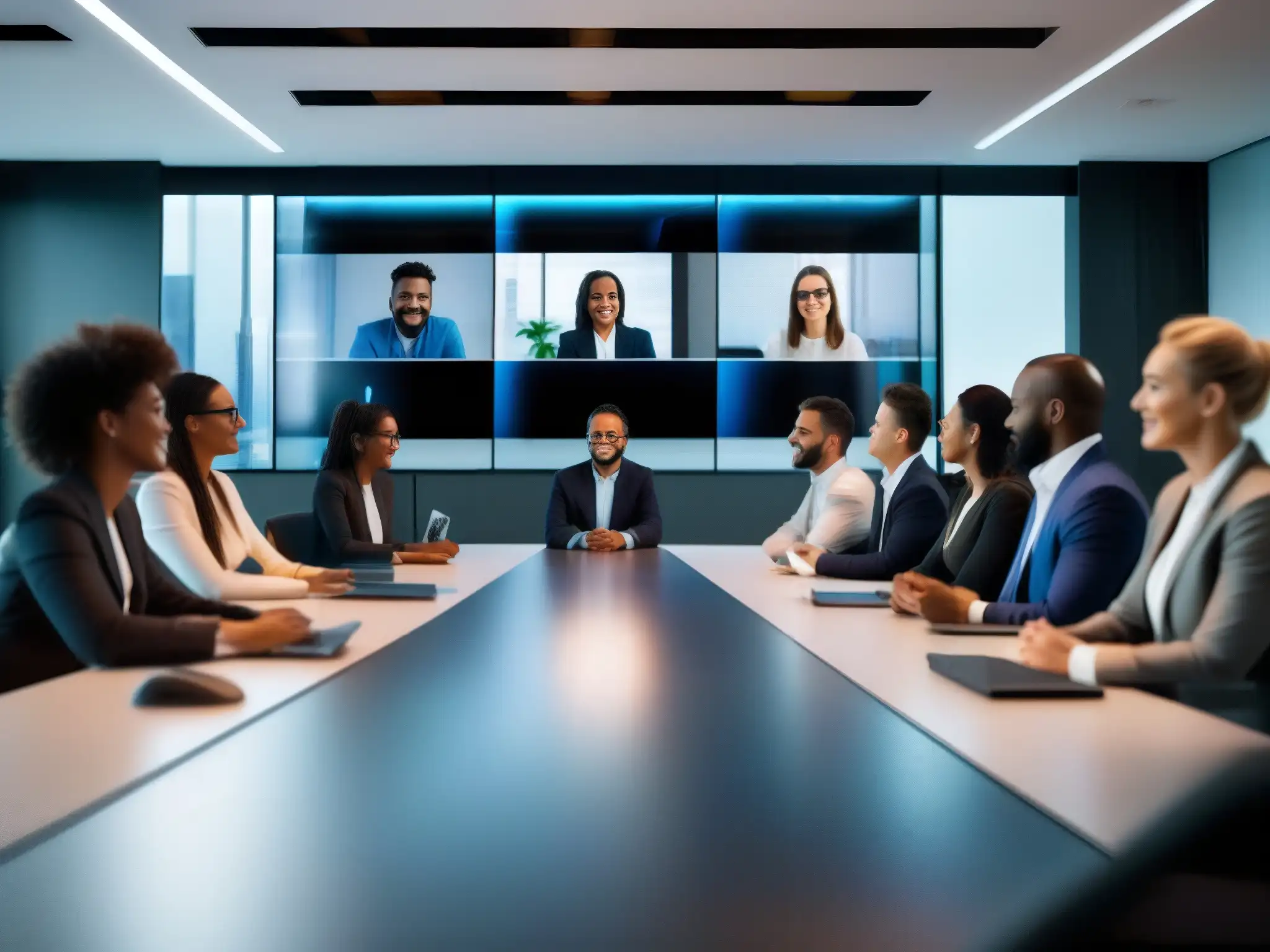 Videoconferencia eficiente y profesional con equipo remoto Profesionales realizan videoconferencia en una sala moderna y luminosa