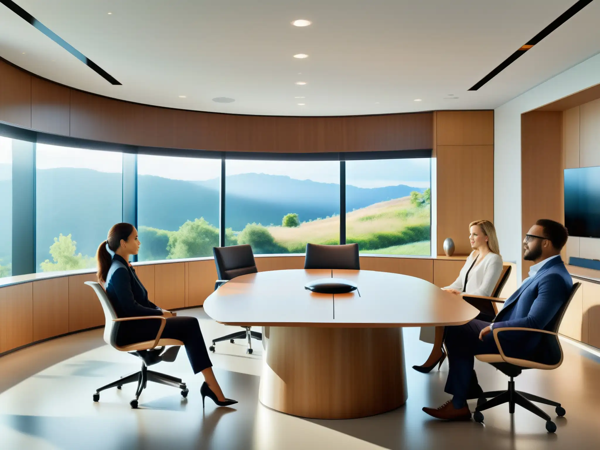 Moderna sala de videoconferencias: eficiencia y colaboración Profesionales colaborando en una videoconferencia en una sala moderna y luminosa, destacando la importancia de buena conexión en videoconferencias