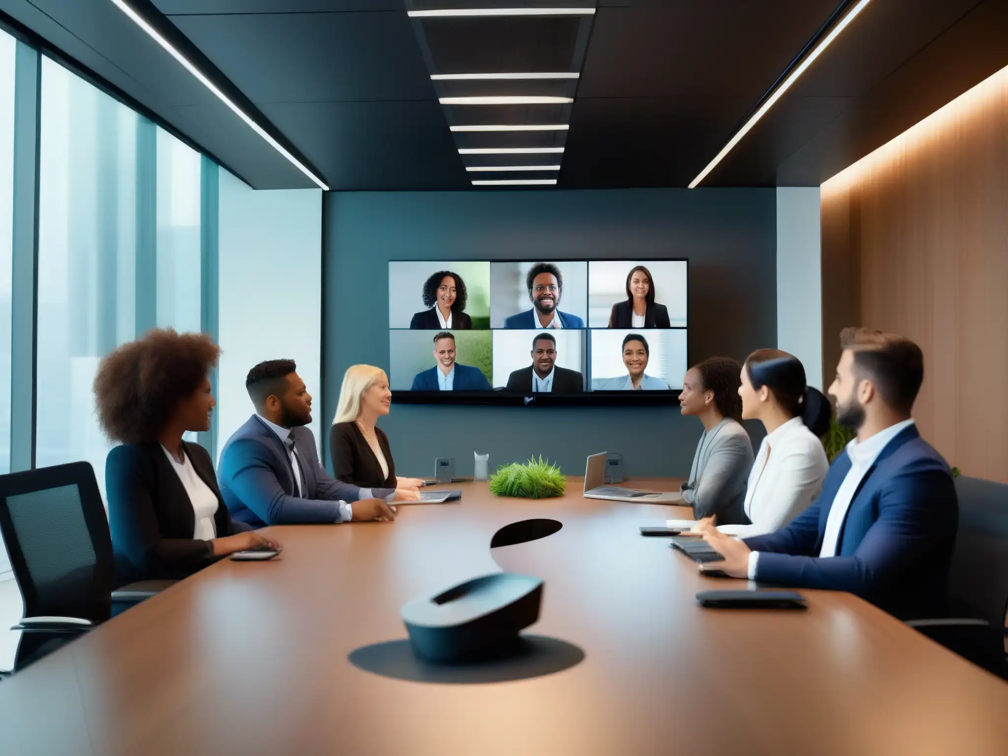 Videoconferencia eficiente: colaboración profesional en acción Profesionales colaborando en una videoconferencia en una sala moderna con equipos de alta tecnología