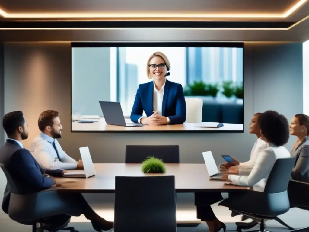 Sala de videoconferencias profesional y moderna Profesionales en videoconferencia en sala moderna y elegante