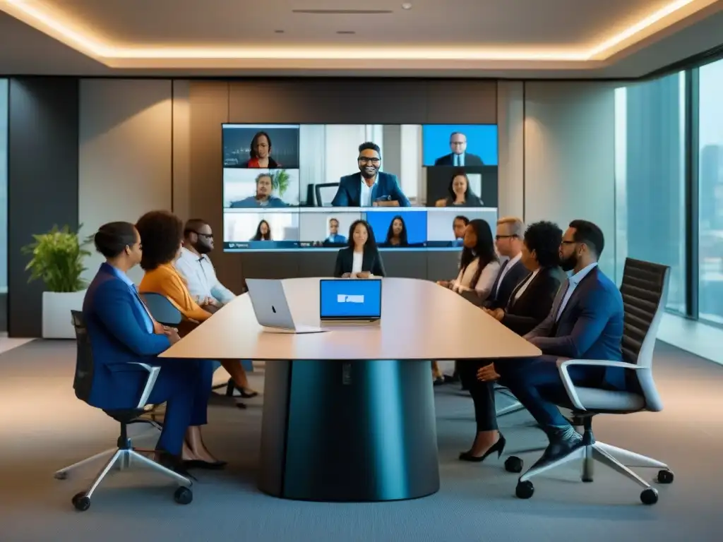 Profesionales diversificados en videoconferencia Microsoft Teams Profesionales en videoconferencia en una sala moderna y bien iluminada, mostrando seguridad en plataformas de videoconferencia