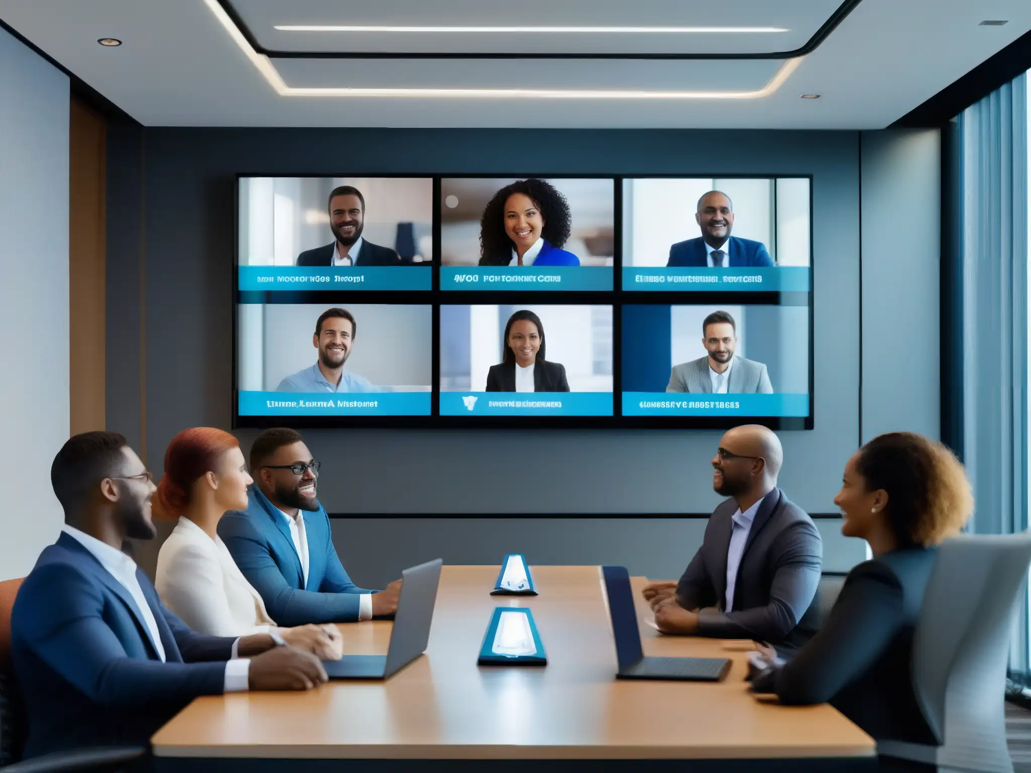 Profesionales en videoconferencia: intercambio dinámico y experto Profesionales en videoconferencia discuten en una sala moderna