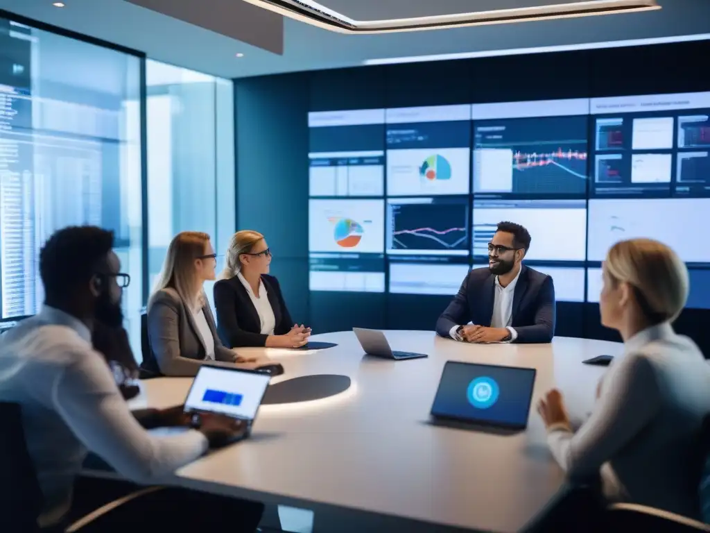 Reunión estratégica: colaboración y decisiones en equipo Profesionales colaboran en videoconferencia con analytics, en una sala moderna y luminosa, transmitiendo energía y productividad