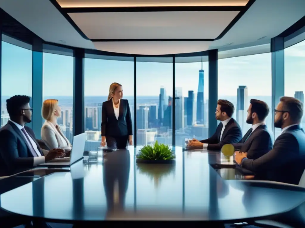 Reunión de negocios en sala de juntas moderna Profesionales en videoconferencia en una sala moderna con vistas a la ciudad