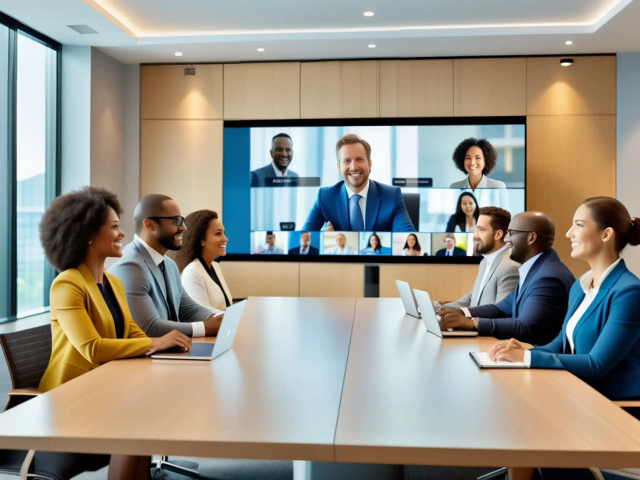 Videoconferencia de alta tecnología: Colaboración eficiente y natural Profesionales colaboran en videoconferencia con IA, en una sala moderna con luz natural, gestos y notas