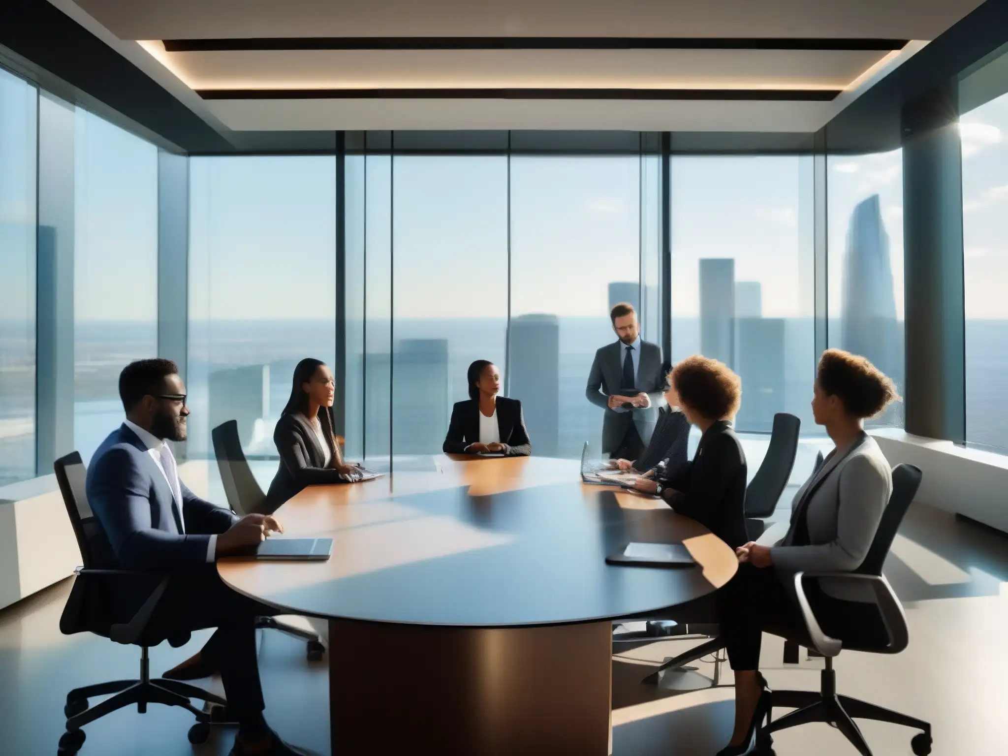 Reunión de negocios en sala moderna Profesionales en videoconferencia móvil en una sala moderna